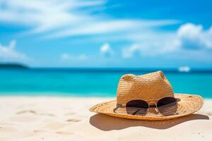 Paja sombrero y Gafas de sol acostado en un playa. un concepto de relajante caribe vacaciones cerca el Oceano foto