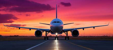 ai generado avión aterrizaje a el aeropuerto a puesta de sol con pasajeros y turistas volviendo desde vacaciones foto