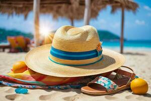 Paja sombrero y sandalias acostado en un playa. un concepto de relajante caribe vacaciones cerca el Oceano foto