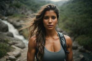 AI generated Sporty fit young diverse woman athlete running on a mountain trek with sun in the background photo