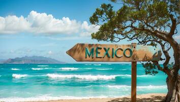 AI generated Sign pointing to the direction of Mexico with scenic beach and ocean in the background photo