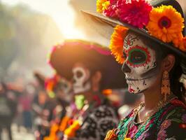 ai generado mexicano fiesta día de el muerto, azteca celebracion cuando familias honor su ancestros foto