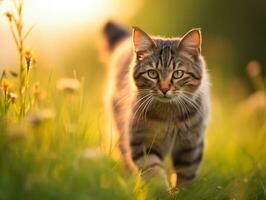 ai generado adorable, a rayas juguetón gato caminando en el archivado foto