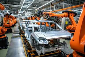 AI generated Car factory conveyor belt assemblance line production with robots and artificial intelligence photo