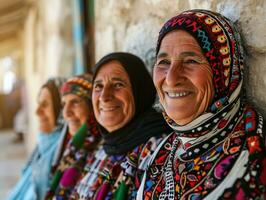 ai generado sonriente nativo indígena personas de Palestina vestido en vistoso toca árabe foto