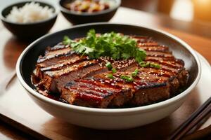 AI generated Delicious steaming korean food meat on a plate with a tasty sauce on top photo