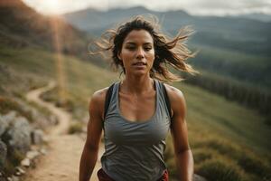 ai generado deportivo ajuste joven diverso mujer atleta corriendo en un montaña emigrar con Dom en el antecedentes foto