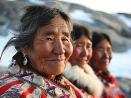 ai generado sonriente nativo inuit indígena personas de Groenlandia vestido en vistoso nativo ropa foto