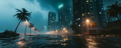 AI generated Hurricane destroys city shore, infrastructure and causing damage and floods photo