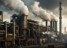 AI generated Industrial factory refinery producing a lot of pollution, plume of smokes polluting ozone layer photo