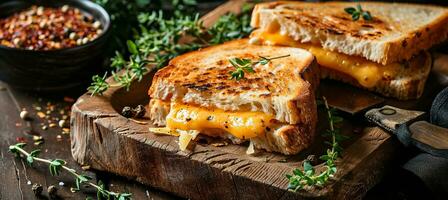 AI generated Breakfast with fresh grilled cheese vegetarian sandwich with melted cheddar cheese and vegetables photo