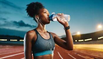 AI Generated A powerful black athlete on the running race track, showcasing strength, speed and fitness photo