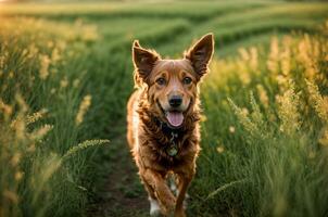 AI generated Playful dog puppy running in the field photo