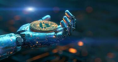 AI generated Futuristic Android robot holding a bitcoin, a concept of big data and AI photo