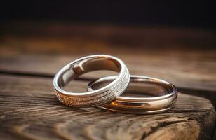 AI generated Two wedding rings jewelry lying on a rustic wooden surface photo