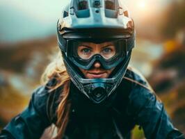 AI generated Yonge lady riding off-road mountain sport bike over extreme rough terrain photo