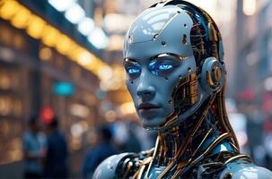 AI generated Android Artificial Intelligence robot in Big Data Facility services operations in a big server farm photo