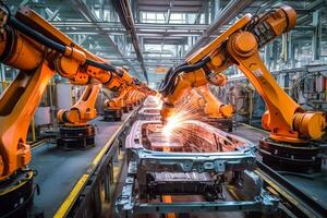 AI generated Car factory conveyor belt assemblance line production with robots and artificial intelligence photo