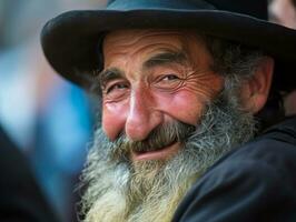 ai generado sonriente judios judío ortodoxo hombres vestido en negro ropa y sombreros foto