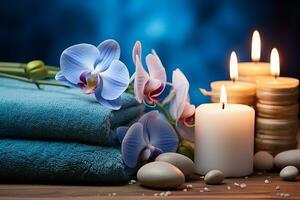 AI Generated Luxurious upscale wellness spa for relaxation with lotus, bamboo and orchid flowers and candles photo