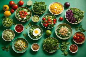 Flat lay concept of salad bowls that show health benefits and nutritional value photo