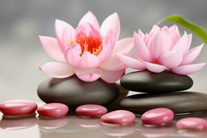 AI Generated Luxurious upscale wellness spa for relaxation with lotus, bamboo and orchid flowers and candles photo