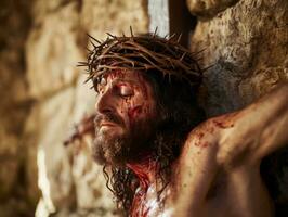 ai generado Jesús Cristo en el cruzar en el camino a su crucifixión en vía dolorosa en Jerusalén foto