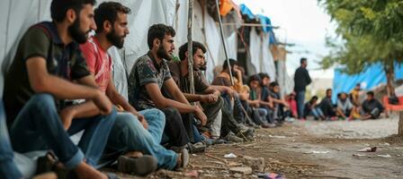 ai generado refugiados buscando asilo y proteccion vivo en refugiado acampar en difícil condiciones foto
