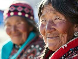 AI generated Smiling native Inuit indigenous people of Greenland dressed in colorful native clothes photo