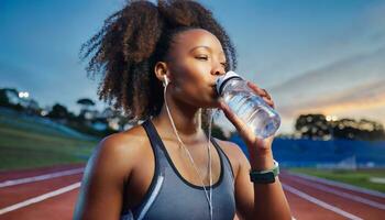 AI Generated A powerful black athlete on the running race track, showcasing strength, speed and fitness photo