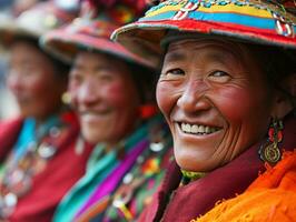 AI generated Smiling native indigenous people of Tibet dressed in colorful native clothes photo