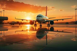 ai generado avión aterrizaje a el aeropuerto a puesta de sol con pasajeros y turistas volviendo desde vacaciones foto