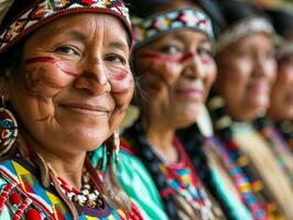 ai generado sonriente nativo indígena personas de EE.UU, nativo americanos vestido en vistoso nativo ropa foto