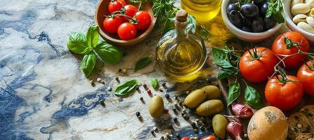 AI generated Ingredients of heart friendly Mediterranean Diet that provides the most health benefits photo