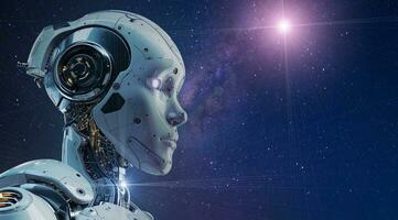 AI generated Android Artificial Intelligence robot in Big Data Facility services operations in a big server farm photo