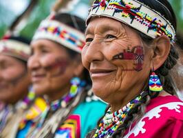 ai generado sonriente nativo indígena personas de Canadá vestido en vistoso nativo ropa foto