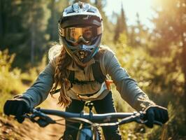 ai generado joven dama montando fuera del camino montaña deporte bicicleta terminado extremo áspero terreno foto