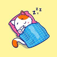 Cute Cat Sleeping With Pillow And Blanket Cartoon Vector Icon Illustration. Animal Nature Icon Concept Isolated Premium Vector. Flat Cartoon Style