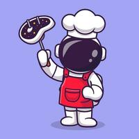 linda astronauta cocinero con A la parrilla carne dibujos animados vector icono ilustración. Ciencias comida icono concepto aislado prima vector. plano dibujos animados estilo