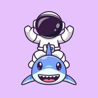 Cute Astronaut With Cute Shark Cartoon Vector Icon Illustration. Science Animal Icon Concept Isolated Premium Vector. Flat Cartoon Style