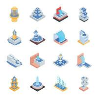 Set of Water Fountain Sculptures Isometric Icons vector