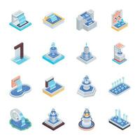 Bundle of Decorative Water Fountains Isometric Icons vector