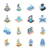 Collection of Modern Fountains Isometric Icons vector