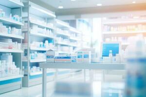 AI Generated Pharmacy drugstore interiors with medicine, vitamins pills and supplements standing on the shelves photo