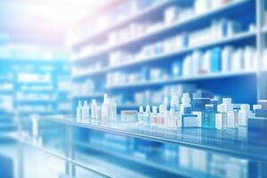 AI Generated Pharmacy drugstore interiors with medicine, vitamins pills and supplements standing on the shelves photo