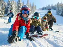 ai generado invierno divertido y nieve actividad, contento familia sonriente mientras haciendo invierno Deportes foto