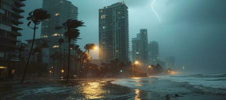 AI generated Hurricane destroys city shore, infrastructure and causing damage and floods photo