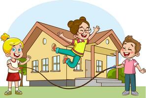 Happy Little Kids Having Fun. vector illustration of cute kids jumping rope