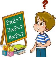 vector Illustration of a Kid Boy Standing Beside a Chalkboard with Question Mark