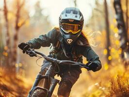 AI generated Yonge lady riding off-road mountain sport bike over extreme rough terrain photo